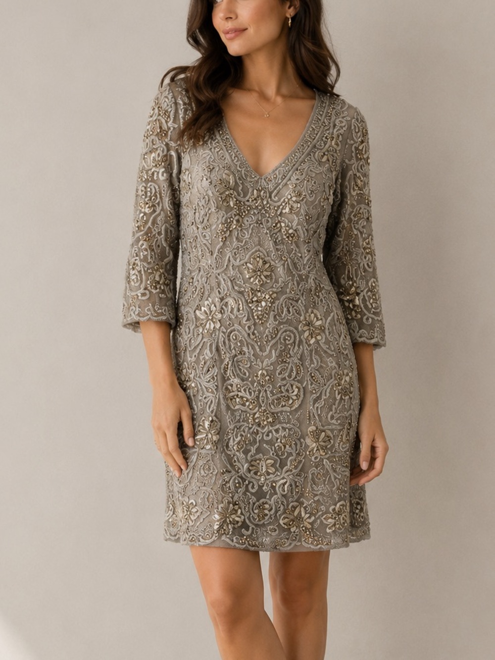 Y2K Sue Wong Floral Embroidered Mini Dress in Taupe